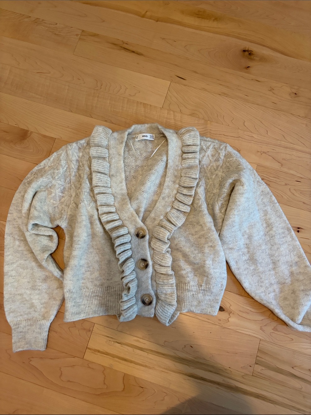 Mango Cream Ruffle-Trim Button Cardigan